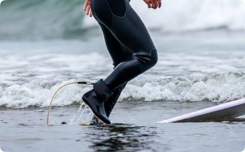 Close-up of surfer’s legs wearing a wetsuit and surf boots stepping off a surfboard in shallow water.
