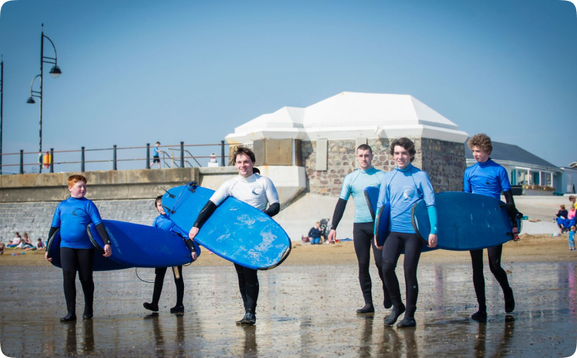 Group of beginner surfers in wetsuits carrying boards while walking along the beach.