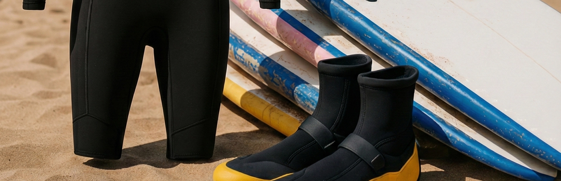 Surf boots and lower half of a wetsuit placed on sand beside stacked surfboards.